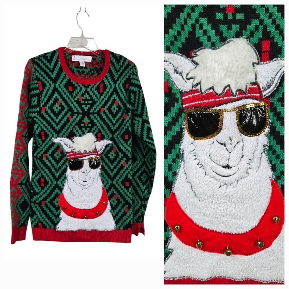 Hip Hop LLama Sunglasses Bells Green Ugly Christmas Pullover Jolly Sweater Small